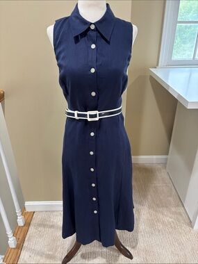 Lauren Ralph Lauren Sleeveless Navy Button-Front Dress w/ Contrast Belt Size 12